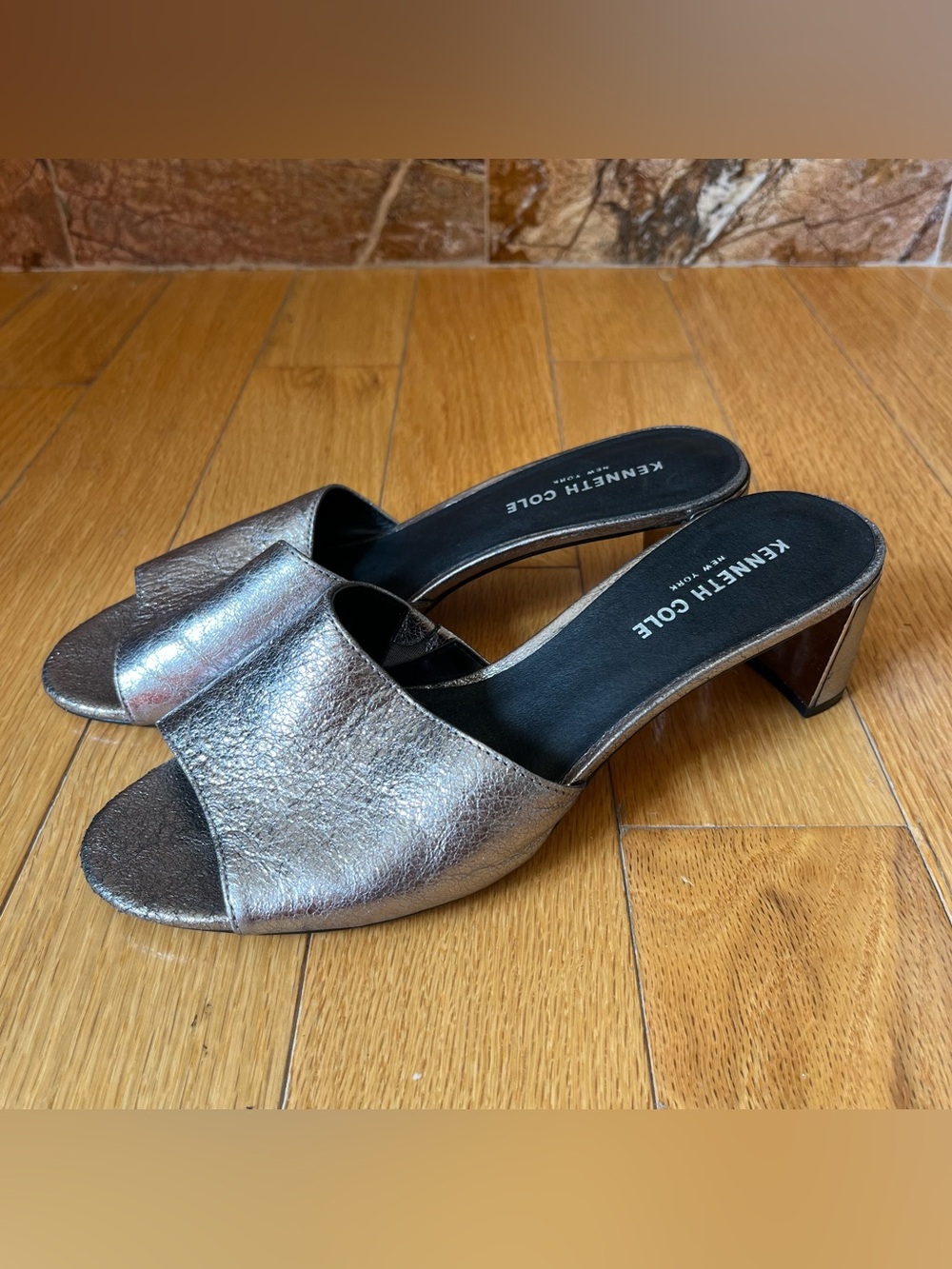 Kenneth Cole Metallic Silver Open-Toe Slide Mules